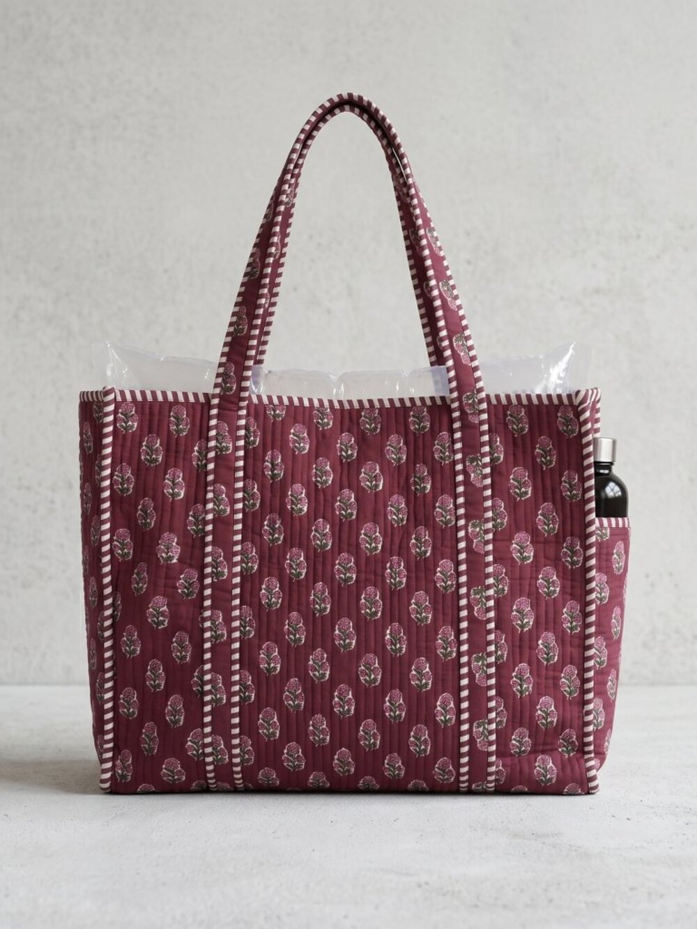 Floral Block Printed Tote Bag, Cotton Quilted Travel Bag, Eco Friendly Tote Bag